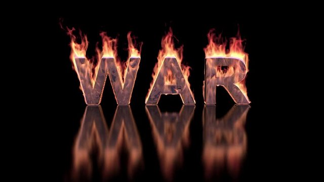 war text burning in fire on glossy surface