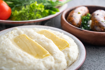 ghomi with cheese suluguni and kupati homemade sausage and ghomi wuluguni