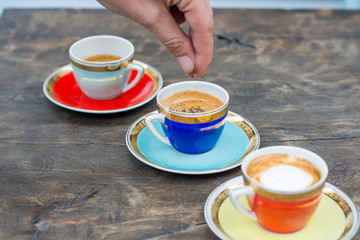 table, cup, drink, espresso, wooden, food, background, coffee, cafe, sugar, refreshment, retro, color, vintage, freshness, old, breakfast, hot, pot, space, caffeine, brown, white, still, black, bakery