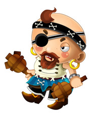 cartoon scene with pirate man captain with weapons on white background - illustration for children