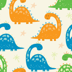 Cute seamless pattern with funny dinosaurs. vector illustration.