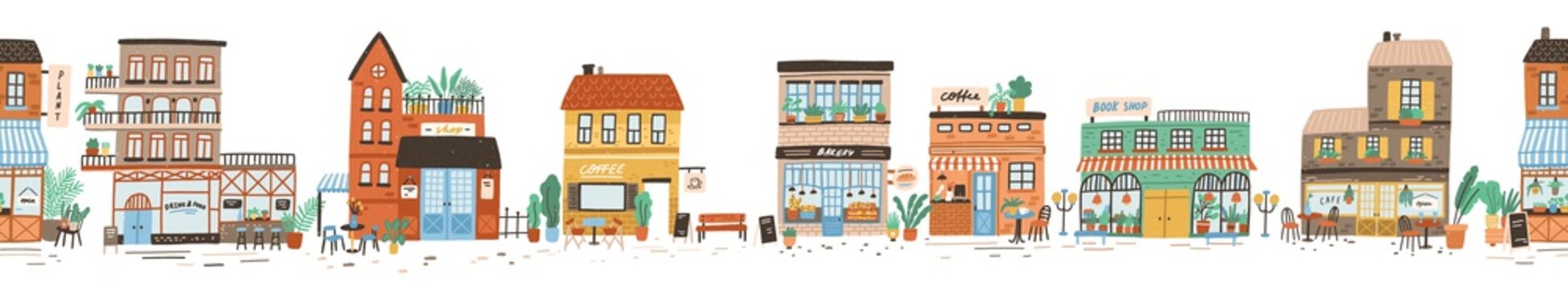 Urban landscape or view of European city street with stores, shops, sidewalk cafe, restaurant, bakery, coffee house. Seamless banner with building facades. Flat vector illustration in cute style.