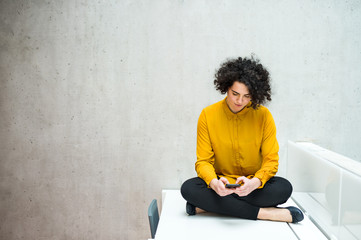 Young student or businesswoman with smartphone sitting on desk in room in a library or office.