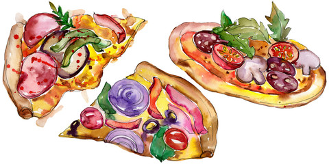 Fast food itallian pizza in a watercolor style set. Aquarelle food illustration for background. Isolated pizza element.