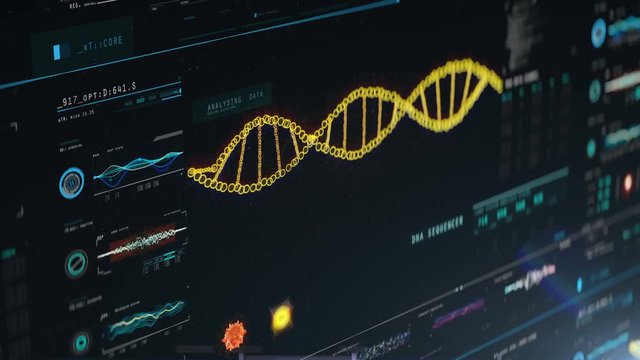 DNA lab analysis, research data on screen, heritage test, genetic engineering. DNA molecules analysis, biochemistry, statistics in graphs and charts