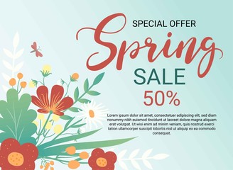 Spring Sale Vector Illustration. Seasonal Banner With flowers