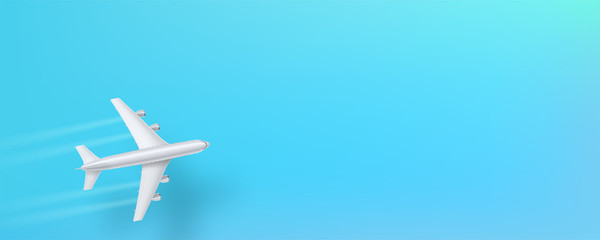 Silver airplane, top view. Flying plane on a blue background. The concept of advertising banner for travel agencies, travel. Plane for travel. Jet commercial airplane in blue sky