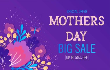 Naklejka premium Design sale banner with spring flowers. Bright flowers wallpaper. Vector card with magic colorful bright flowers and offer