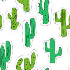 Seamless pattern with cartoon cactus decorated graphic elements. Green cactus  made in the form of stickers. summer print