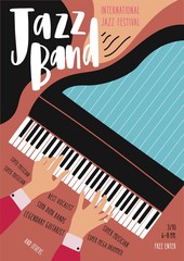 International jazz festival, concert, music performance advertisement poster or flyer template with pianist's hands playing grand piano and place for text. Modern vector illustration in flat style. © Good Studio