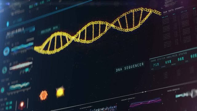 DNA molecule chain rotating on screen, data analysis, genetic disorder detection. DNA molecules analysis, biochemistry, statistics in graphs and charts