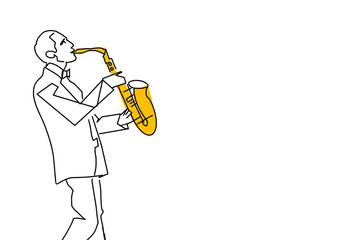 Black contour of saxophonist with yellow saxophone. Single musician outline. Musical vector illustration. Line art.