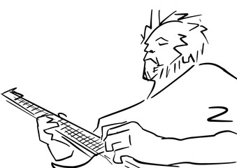 Guitar player. Black contour on white background. Musical vector illuatration.
