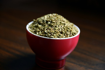 Fennel Seeds or Roasted saunf in a bowl, selective focus