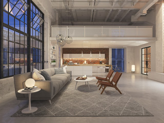 3D-Illustration of a new modern city loft apartment by night. 3d rendering
