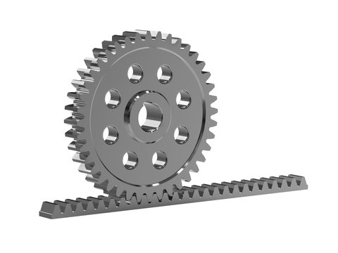Rack gear. Image of a rack with a rolling gear wheel. Sliding gate mechanism. Educational image. 3D rendering