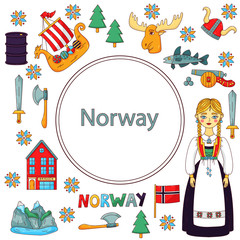 Norway doodle icons set