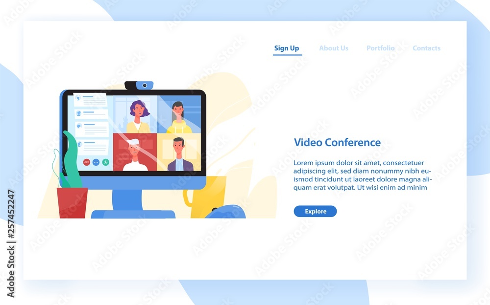 Poster Web banner template with desktop computer with colleagues taking part in video conference. Software for videoconferencing and online communication. Modern flat vector illustration for website.