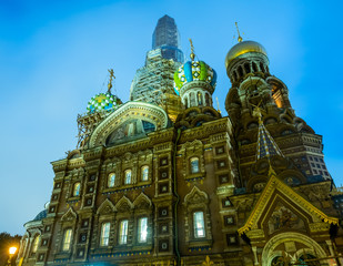 The Church of the Savior on Spilled Blood, landmark in Saint Petersburg, view from front entrance,...