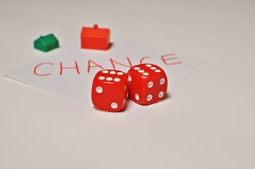 Concept of 2 red dice end the word chance written by hand on white background with copy text