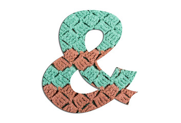 Ampersand sign with hand knitted texture on white background