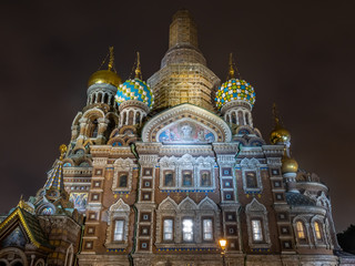 The Church of the Savior on Spilled Blood, landmark in Saint Petersburg, view from front entrance, under twilight evening with night light in Russia
