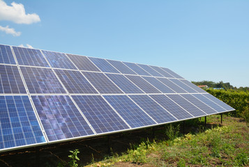 Solar panels surface background with trees and beautiful clouds sky