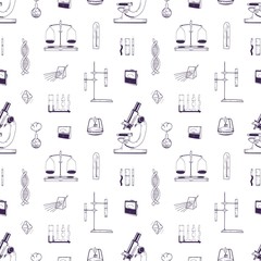 Realistic seamless pattern with chemistry and physics laboratory equipment hand drawn with lines on white background. Backdrop with measuring tools for scientific research. Vector illustration.
