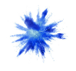 Fototapeta na wymiar Explosion of blue powder on white background