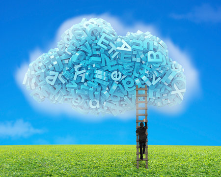 Big data and cloud computing concept.Businessman climbing wooden ladder to cloud of blue letters and numbers, on blue sky and green grass meadow background. 