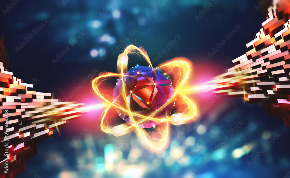 Aufkleber Atomic structure. Scientific breakthrough. Nanotechnology and artificial intelligence. Innovations in cybernetics 3D illustration
