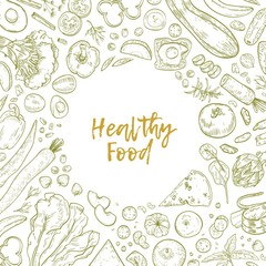 Monochrome square backdrop with frame consisted of healthy food drawn with contour lines on white background. Tasty organic wholesome vegetables, fruits, products. Realistic vector illustration.