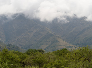 View of the Comechingones mountains covered in clouds in Villa de Merlo, San Luis, Argentina.
