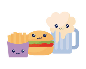 beer with french fries and hamburger kawaii character