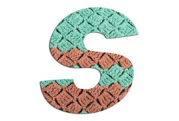 Letter S alphabet with hand knitted texture on white background
