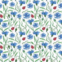 Hand painted watercolor seamless pattern of spring flowers.
