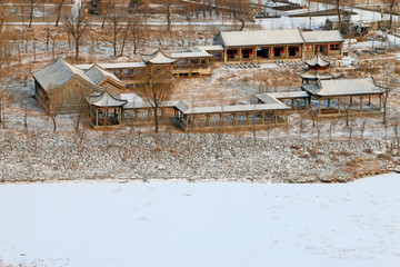 Antique buildings in the snow