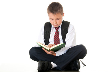 A diligent boy reads a book and prepares for exams and tests. Schoolboy teenager dressed in a school uniform. Isolated white background