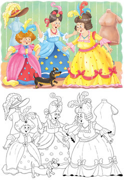 Cinderella. Fairy tale. Coloring book. Coloring page. Set of cute cartoon characters isolated on white background