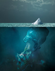 Plastic bag iceberg floating in the ocean and global warming concept
