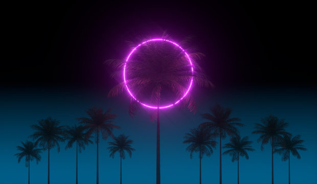 3D Vaporwave Render Background With Neon Circle, Palms And Night Blue Sky. Synthwave 1980s Rentowave Illustration.