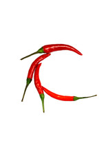 Alphabet of hot spice cayenne chili peppers isolated on white. Vegetable chili peppers in shape of letter C, for making words and logo