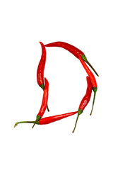 Alphabet of hot spice cayenne chili peppers isolated on white. Natural vegetarian diet organic vegetable chili peppers in shape of letter D, for making words and using as a logo