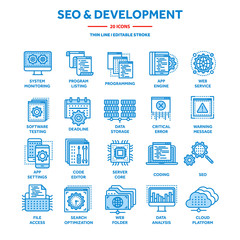 Seo and app development. Search engine optimization. Internet, e-commerce.Thin line blue web icon set. Outline icons collection. Vector illustration.