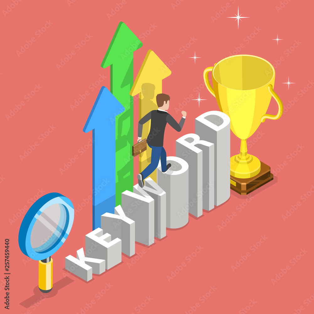Aufkleber flat isometric vector concept of tracking tool for keyword seo ranking, web analytics, website optim