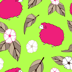 cute lambs on the field with flowers. pattern, vector