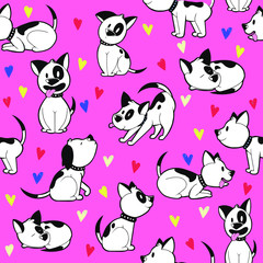 Cute dogs and hearts seamless background