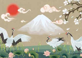 Fototapety  Ilustracja z żurawiami o zachodzie słońca. Orientalna ilustracja z kwitnącą magnolią