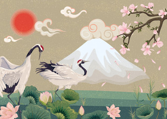 Illustration with cranes at sunset. Oriental illustration with blooming magnolia