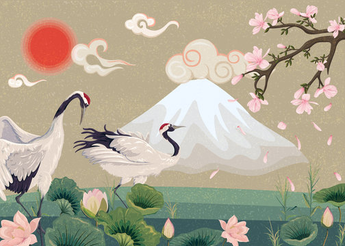 Illustration with cranes at sunset. Oriental illustration with blooming magnolia